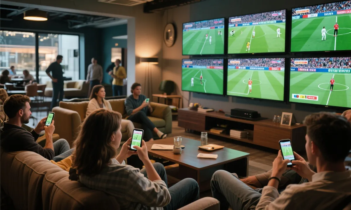 球迷在多块屏幕前同时观看和讨论世界杯比赛的场景
