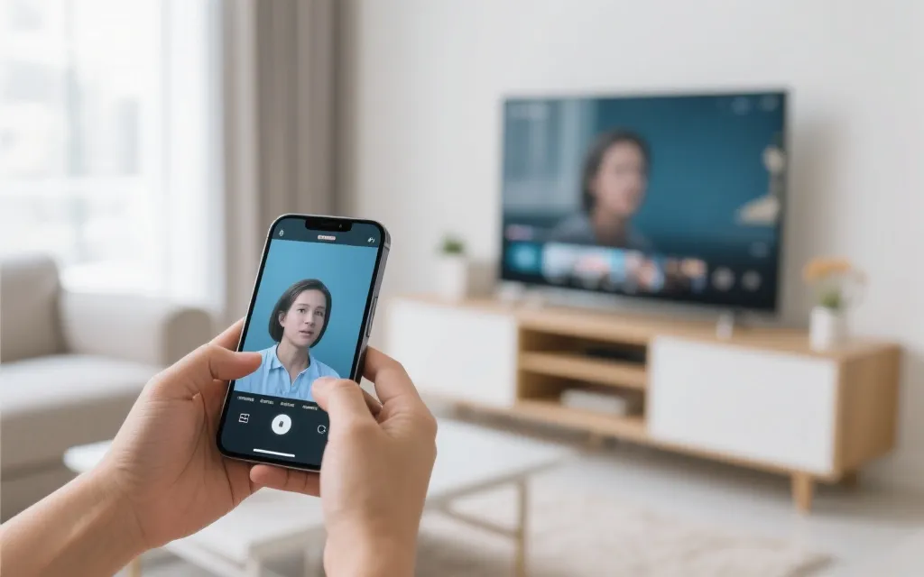 手机与电视投屏设置界面示意的家庭观赛准备场景