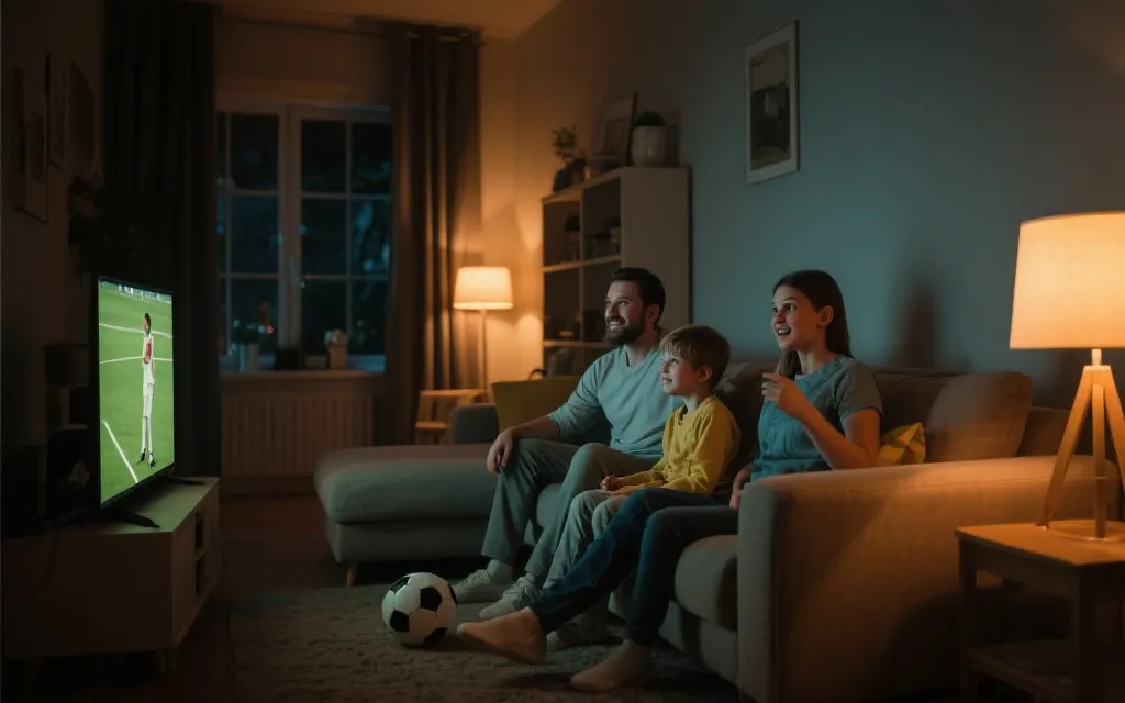 客厅亲子一起观赛的温暖氛围